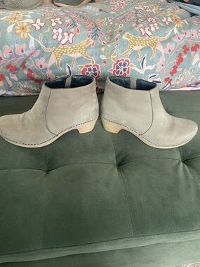 Dansko Lisette Taupe Suede Ankle Booties with Side Zip